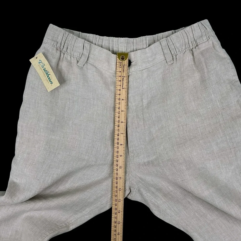 Caribbean Pants Men 34x30 Beige Linen Straight Leg Elastic Waist NWT